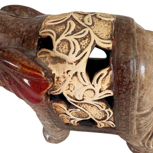 Vintage Ceramic Elephant Figurine Brown Red Glazed Filigree Cutout 7” Trunk Up - Picture 7 of 12